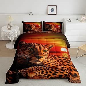 Moon Cheetah Quilted Duvet Leopard Print Comforter Set for Teens Boys,African Safari Animals Bedding Set Novelty Wildlife Big Cat Duvet Filler Ocean Sunset Landscape Bedroom Decor Full