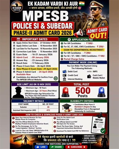👉 MPESB Police SI & Subedar Admit Card 2026 OUT 🔥 | Phase-2 Exam Date | Download Now