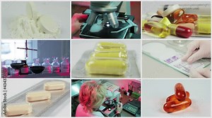 Split screen close up rotation of many colored pils, tablets, capsuls and lab.