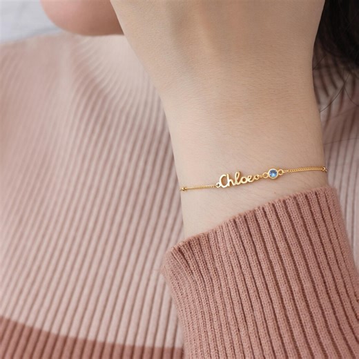 Dainty Script Name Bracelet With Birthstone by Kyuc Studio – Adjustable Ball Chain – Minimalist Personalized Gifts for Her – Mom Gift - Etsy