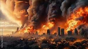 Apocalyptic vision of a city engulfed in massive flames and dark smoke, portraying an intense and catastrophic urban fire disaster at sunset