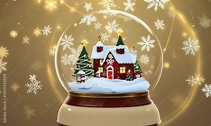 Snow globe animation with a snowy Christmas tree and house, snowflakes swirling as the globe rotates.
