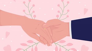Animated engagement party. Celebrating upcoming wedding. Placing ring on finger. Looped flat color 2D cartoon first view hands animation with colorful background. Close up 4K video with alpha channel