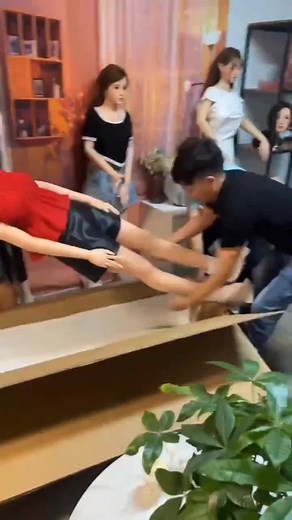 Life-Sized Doll Interaction in a Cozy Living Room