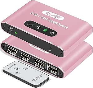 HDMI Switch 3 in 1 Out 4K HDMI Switcher Splitter, 4k/2K Aluminum 3 Port HDMI Switch with IR Remote HDCP1.4 3D Dolby DST, Compatible with PS5/PS4/Xbox/Fire Stick/Roku TV PC and More(Pink)