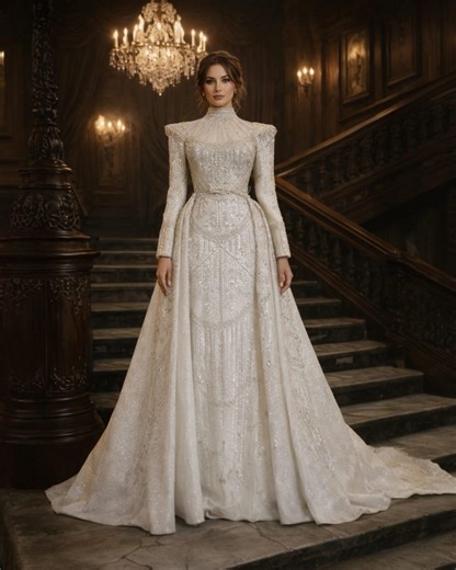 Edwardian Royal Wedding Gown, Beaded Historical Bridal Dress, Baroque Palace Bride, High Neck Couture Wedding Dress - Etsy