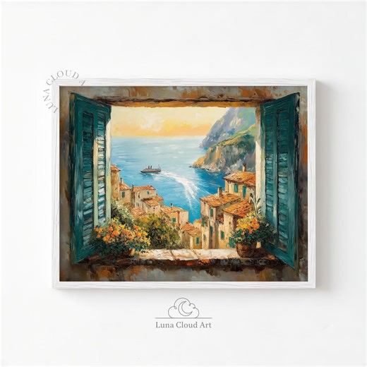 Peinture de village méditerranéen / art de paysage marin côtier décoration de salle de séjour art mural imprimable texturé, vue sereine, téléchargement immédiat - Etsy France