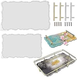 RESINWORLD 2 Size 14 inches XL Large Tray Silicone Molds Epoxy Resin Geode Tray Mold with Gold & Silver Handles DIY for Making Tray (Rectangle)