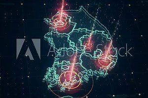 High-tech digital South Korea map with animated visual HUD elements , futuristic grid, lines, glowing circles and random coding.