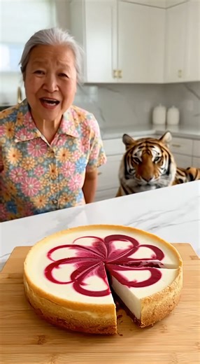 🍰🍓 阿嫲15秒食譜教學：《覆盆子旋紋芝士蛋糕》 花衣阿嫲＋大老虎阿虎，今天做一款看起来很精致、其实步骤很简单的芝士蛋糕。新鲜覆盆子压成酱，加一点柠檬提香，旋进芝士糊里，烤出来就是自然的大理石纹。阿虎全程只探头闻香、轻轻摆尾、安静坐着，不抢戏。 🕒 製作時間 準備：約 10 分鐘 烘烤：30–35 分鐘（依模具與烤箱） 放涼：至少 15 分鐘 總時間：約 55–60 分鐘 📝 食材準備（1 個小圓模／約 4–6 片） 芝士蛋糕本體 奶油芝士 200 g（完全軟化） 雞蛋 1 顆（室溫） 代糖 25–35 g（或細砂糖，依甜度調整） 香草精 少量（可選） 覆盆子旋紋 新鮮覆盆子 80–100 g 檸檬汁 1–2 茶匙 表面（可選） 黑巧克力醬 適量 🧰 使用工具 小碗 壓泥器或叉子 攪拌匙／打蛋器 小圓形烤模（鋪烘焙紙） 烤箱 👩‍🍳 阿嫲一步一步教你做 1️⃣ 覆盆子醬 覆盆子放入碗中压碎，保留果肉与汁液。 加入檸檬汁拌匀，酸香会马上出来。 2️⃣ 芝士糊 软化奶油芝士先拌顺，加入代糖拌到细滑。 打入鸡蛋，轻轻拌匀即可，不要过度搅打。 3️⃣ 倒模拉纹 芝士糊倒入烤模抹平