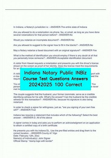 Indiana Notary Public INBiz Course Test Questions Answers 20242025 100 Correct video