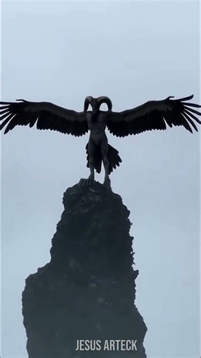An angel is seen rising above a rock.