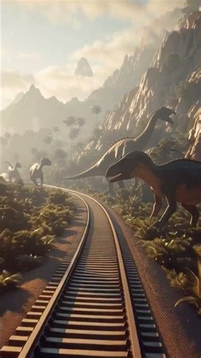 Train Passing Through Ancient Mountains & Dinosaurs #trex #jurassicworld #brontosaurus #jurassicpark