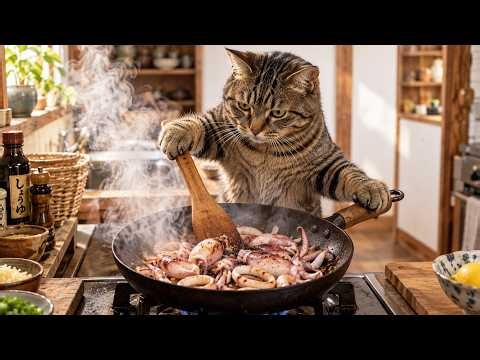 🦑 熱々イカ炒め｜猫シェフが作る、香ばしい台所のごちそう。