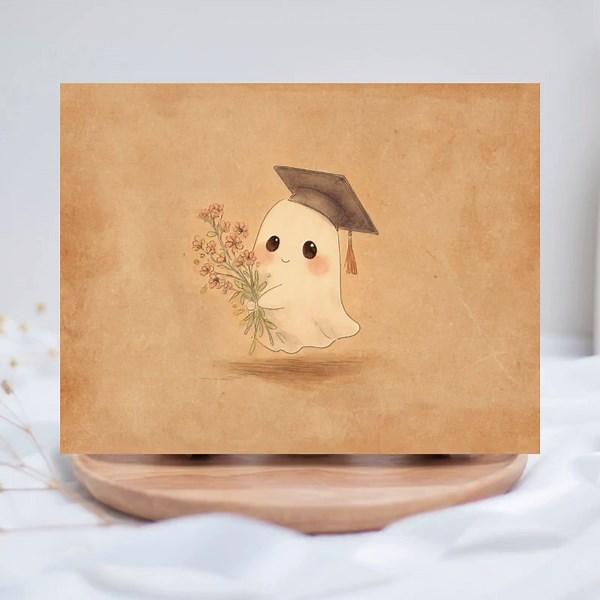 Cute Ghost Graduation Card, Kawaii Grad Card With Flowers, Vintage Style Spooky Graduation, Funny Blank Greeting Card - Etsy