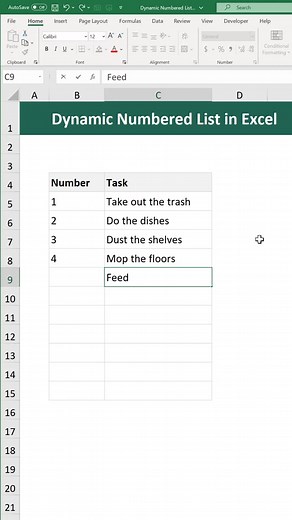 Dynamic Numbered List in Excel #spreadsheetlife #excel #exceltips How to create an automatic numbering system for your list in Excel.