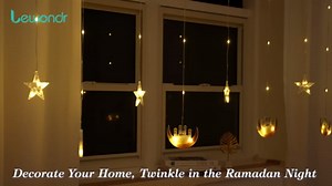 Lewondr Ramadan Curtain String Lights, 138 LED Moon Castle Star Fairy Lights with 6H Timer, 8 Modes, Remote Control, USB Powered Curtain String Light, Eid Mubarak Decorations for Ramadan Home, Yellow