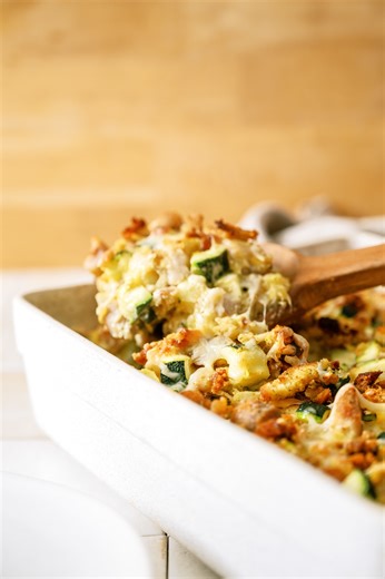 Chicken Zucchini Casserole The QUEEN of comfort foods, this Chicken Zucchini Casserole is a fan-favorite for a reason. Tender zucchini (or any other veggies you want to sub in), cheesy sauce, cooked chicken and topped with stuffing, this one is hard to beat. Want the full recipe? Find it on our website (link in bio) or type "recipe" and we'll message you the link for whenever you need it. Happy Cooking! | Six Sisters' Stuff