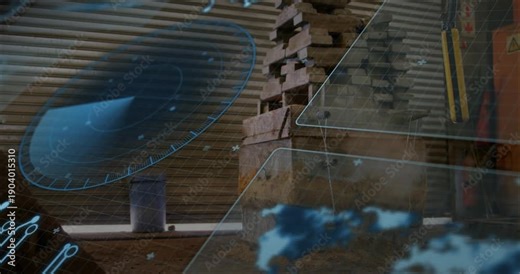 HUD overlay activating, radar rotating, panels sliding over stacked crates for inventory mapping