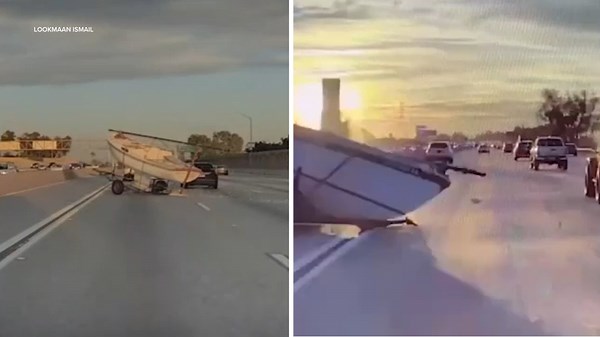 Video shows driver narrowly avoid disaster as loose boat darts across 91 Freeway in Bellflower
