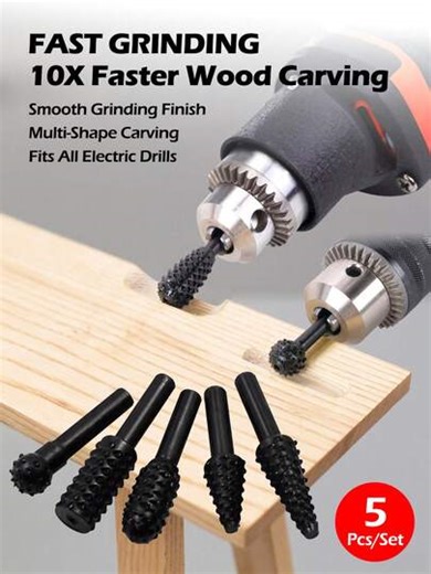 5Pcs Rotary Drill Bits Set - Twist Drill Bits & Wood Carving Rasp File With Hexagonal Black Grinding Head, Rotary Tool Set For DIY Woodworking, Carving, Polishing & Professional Grinding Projects-Hand Tool Accessories | SHEIN