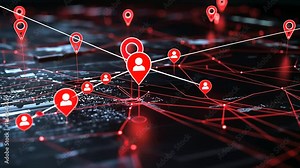 A layered D map featuring red location markers and interactive lines connecting various geographic points, representing spatial connectivity