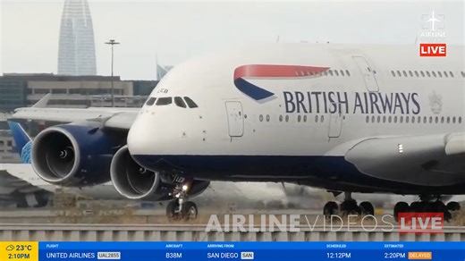 149K views · 4.1K reactions | Not something you see every day at SFO! British Airways A380 makes a rare landing on runway 19L, captured live on Airline Videos Live from San Francisco. #airlinevideoslive #airlinevideos #airports #aviation #aviationgeek #aviationdaily #sfoairport #avgeek #airbusa380 | AIRLINE VIDEOS | Facebook