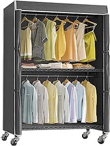 VIPEK R2C Plus Heavy Duty Rolling Garment Racks with Cover Clothing Rack for Hanging Clothes Portable Closet with Adjustable Wire Shelving & Double Rods, Black Rack with Black Upgarded Polyester Cover