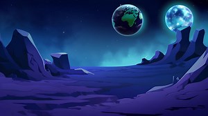Download 4K Sci-Fi Alien Landscape with Twin Planets Including a Blue Earth-Like Globe and Glowing Teal Sky, Nighttime Space Cartoon Animation for free