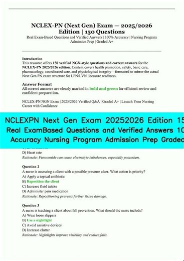NCLEXPN Next Gen Exam 20252026 Edition 150 Real ExamBased Questions and Verified Answers 100 Accurac