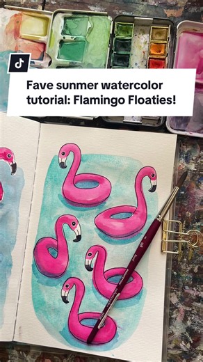 My summer favorite! Flamingo floaties tutorial. Enjoy! Tag me if you try this! #watercolortutorial #summerpainting #howtowatercolor #beginnerwatercolor #summersketchbook