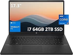 HP 17 Laptop (17.3" FHD BrightView, Intel 10-Core i7-1355U, 64GB RAM, 2TB SSD, Narrow Bezel) for Business, Enterprise, Students, Long Battery Life, Webcam, Wi-Fi 6, Fast Charge, Win 11 Pro, Black