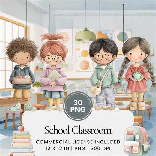 Primary School Classroom Clipart Bundle, Watercolor Teacher Student Illustrations, Pastel School Scene PNG Set for Learning Projects - Etsy