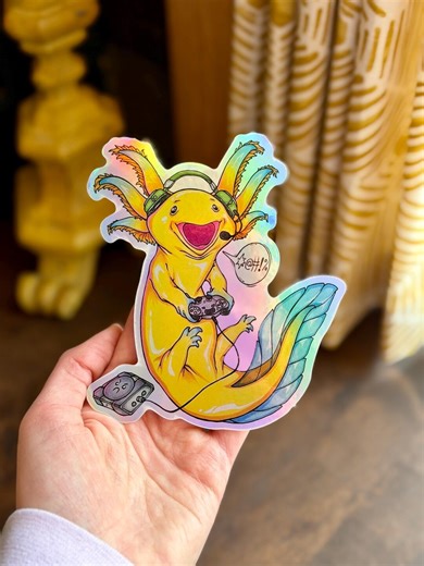 Axolotl Gamer Holographic Sticker: Waterproof Vinyl Sticker, Original Artwork - Etsy