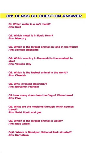 Simple general knowledge questions and answers for class 8th | General knowledge | #shorts #gk #quiz