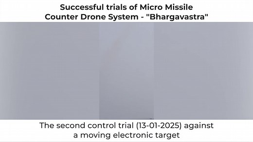 EEL s micro missile for CUAS system Bhargavastra has successfully tested. India has successfully tested the Bhargavastra, its first micro-missile system designed to counter swarm drones. The system, developed by Economic Explosives Ltd, can quickly deploy on a mobile platform and hit targets over 2.5 km. Further exhaustive trials are planned this year for possible induction into the Indian Armed Forces. India has tested its first indigenous micro-missile system designed to take on the threat of
