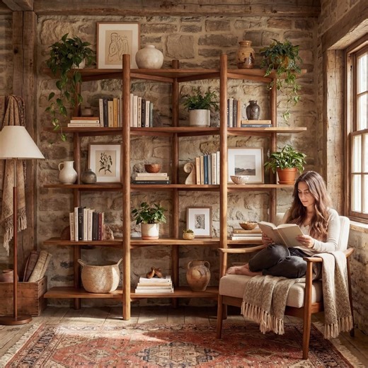 Solid Pine 5-Tier Bookshelf, Rustic Farmhouse Walnut Bookcase, Cozy Reading Nook Decor LL000ZZ