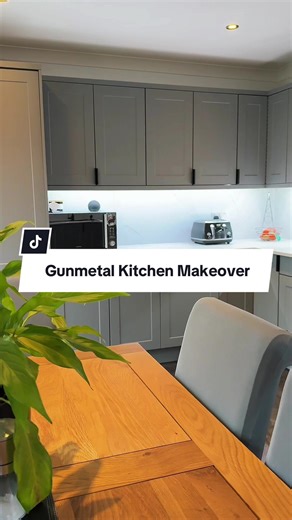 Unrecognisable Kitchen Makeover! 🌟 Here’s what we did.. ✅ Luxe 18mm Modern Shaker Gunmetal Doors ✅ 22mm Laminate Worktops ✅ New matching splashbacks and sockets ✅ Black Composite Sink and Tap ✅ Layout change with a new cabinet ✅ LVT Flooring for Kitchen and Conservatory ✅ New LED Lighting ✅ New plinths, trims and decor panels #kitchenmakeover #kitchenwrap #kitchenupgrade #luxekitchenwraps #luxekitchendoors