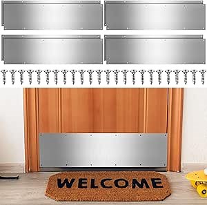 Therwen 10 Sets 8 x 36 Inches Silver Door Kick Plate for Exterior Doors, Satin Aluminum Kick Plates with Screws for Wood Metal Interior/Exterior Anti Scratch Door Protection (8 x 36 Inches)