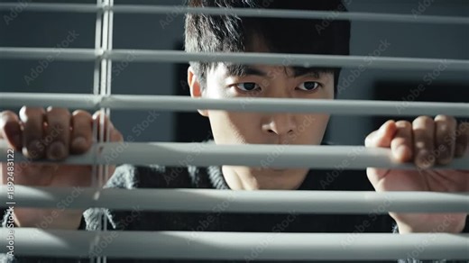 Man peeking through window blinds