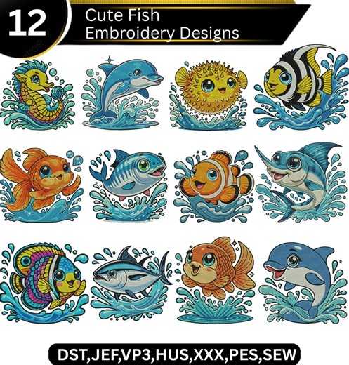 Cute Fish Embroidery Design | Cartoon Sea Life Machine Embroidery Files and Ocean Fish Embroidery Bundle - Etsy