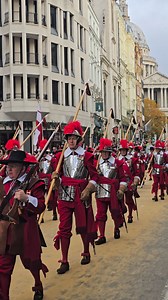 The annual Lord Mayor's Show in London. The individuals are dressed in 17th-century style uniforms, likely members of the Company of Pikemen and Musketeers, a ceremonial unit of the Honourable Artillery Company. #LadyLordMayor ##fblifestyle | British Tradition