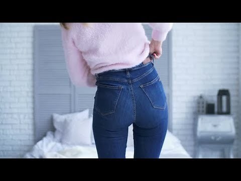 Overweight Woman Fitting in Tight Jeans in Bedroom | Stock Footage - Videohive