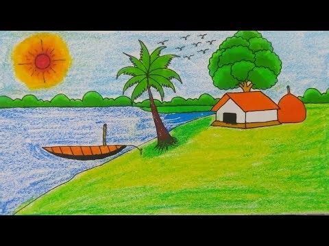 Village Scenery Drawing Easy - Step By Step | Nature Landscape Painting For Class 4 | Easy Drawing