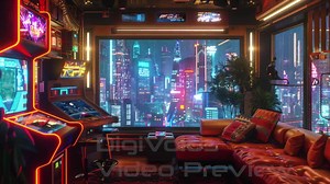 Animated Background Cyberpunk Living Room With Arcade Games | Futuristic Neon Cityscape | Perfect Loop for OBS, Twitch, Zoom & Other Streams - Etsy