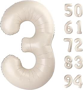 Cream 3 Balloon, Cream Number Balloons 40 Inch, 3rd Birthday Decorations for Kids Girls Boys, Men Women Party Supplies for Party Decorations, Number 3 Balloon