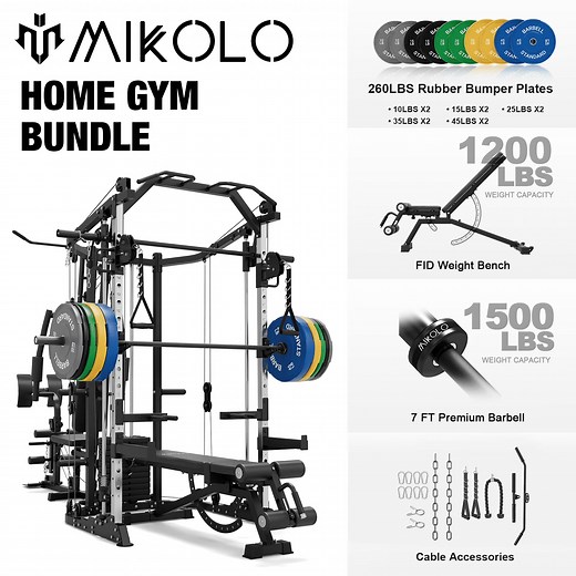 Mikolo Smith Machine Power Cage, Multi-Function Home Gym System with Cable Crossover, 121LB Weight Stack