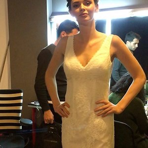 BTS moment in this gorgeous gown, an absolute favourite with our brides!! And only $399!!! https://www.olegcassinistore.com/brides/flower-lace-v-neck-wedding-dress-with-empire-waist-kp3783 | Oleg Cassini Australia