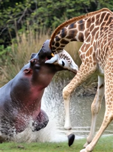 hippo attacked the giraffe really intense and harsh