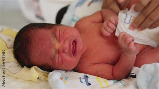 Newborn baby crying during a diaper change, captured in a realistic parenting moment. Shows infant care, emotion, and daily baby routine.